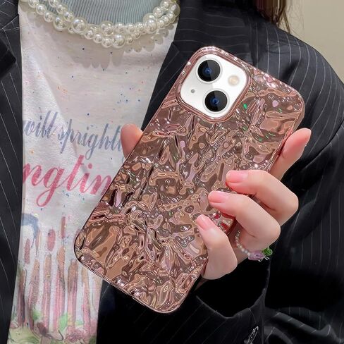 Losin Compatible with iPhone 15 Glitter Case Luxury Cute 3D Tin Foil Pleated Phone Case for Women Girls Bling Plating Phone Case Soft Silicone Slim Shockproof Protective Cover, Rose in Saudi Arabia