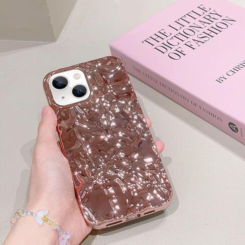 Losin Compatible with iPhone 15 Glitter Case Luxury Cute 3D Tin Foil Pleated Phone Case for Women Girls Bling Plating Phone Case Soft Silicone Slim Shockproof Protective Cover, Rose in Saudi Arabia