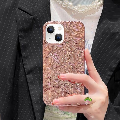 Losin Compatible with iPhone 15 Glitter Case Luxury Cute 3D Tin Foil Pleated Phone Case for Women Girls Bling Plating Phone Case Soft Silicone Slim Shockproof Protective Cover, Rose in Saudi Arabia