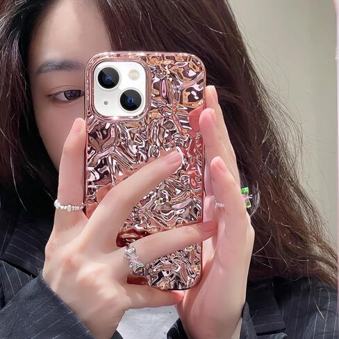 Losin Compatible with iPhone 15 Glitter Case Luxury Cute 3D Tin Foil Pleated Phone Case for Women Girls Bling Plating Phone Case Soft Silicone Slim Shockproof Protective Cover, Rose in Saudi Arabia