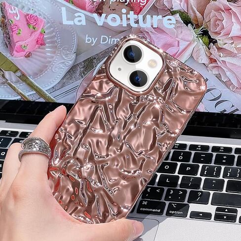 Losin Compatible with iPhone 15 Glitter Case Luxury Cute 3D Tin Foil Pleated Phone Case for Women Girls Bling Plating Phone Case Soft Silicone Slim Shockproof Protective Cover, Rose in Saudi Arabia