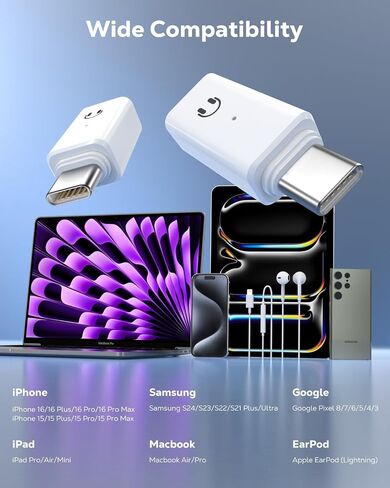 MoKo Lightning to USB C Earphone Audio Adapter Support Line Control(Not for Microphones/Charging/Data Transfer), USB C to Lightning Headphone Earphone Adapter for iPhone 16 15 Pro Max Plus, iPad,White in Saudi Arabia