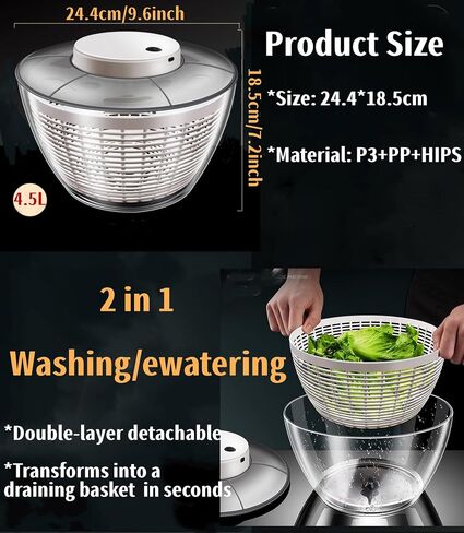 Electric Salad Spinner 6.3-Quart– Large Capacity Lettuce Spinner with Squeeze Bottle,Built-In Draining System,and Bowl & Colander – Serves 6-12 Persons Perfect for Family Meals, Parties and Gatherings in Saudi Arabia