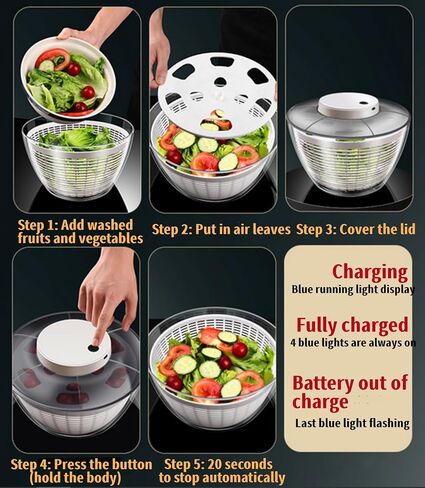 Electric Salad Spinner 6.3-Quart– Large Capacity Lettuce Spinner with Squeeze Bottle,Built-In Draining System,and Bowl & Colander – Serves 6-12 Persons Perfect for Family Meals, Parties and Gatherings in Saudi Arabia
