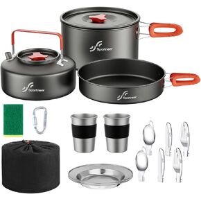 Sportneer 18pcs Camping Cookware Mess Kit, Large Size Pot Pan Kettle Set with Stainless Steel Cups Plates Forks Knives Spoons for Camping, Backpacking, Outdoor Cooking and Picnic