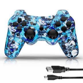 Kujian Controller for PS3, Wireless Controller for Playstation 3 6-axis Dual Vibration Gaming Controller with Charging Cord(Blue+Red)