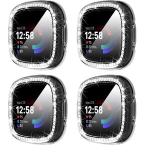 Suoman 4-Pack for Fitbit Sense 2/Versa 4 Case, HD Tempered Glass Screen Protector, Full Around TPU Electroplate Protective Cover Bumper [Glitter Diamonds]-Black