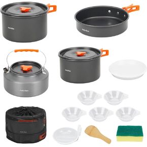 Onlyfire 15pcs Camping Cookware Mess Kit, Non-Stick Lightweight Pot Pan Kettle Set with Plates Forks Knives Spoons for Camping, Backpacking, Outdoor Cooking and Picnic CT605