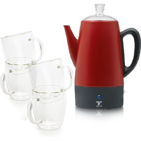 Moss & Stone Electric Coffee Percolator, Red Body with Stainless Steel Lid Coffee Maker, Percolator Electric Pot, Red Camping Coffee Pot 10 Cups Bundle With Set of 4 Double Wall Glass Cup Clear Mug, D