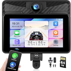 Wireless CarPlay&Android Auto Screen for Motorcycle,5" Waterproof Touchscreen with TPMS&Front&Rear HD 1080P Camera,Portable Car Stereo Bluetooth Car Audio Receiver for Motorbike with G00gle Assistant