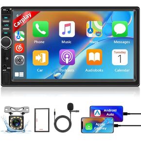 Podofo Double Din Car Stereo with Apple Carplay Android Auto,7 Inch Touchscreen Car Radio with Bluetooth5.1,Voice Control,MirrorLink,FM Radio,GPS,WiFi,USB/TF/AUX Port+MIC+AHD Backup Camera