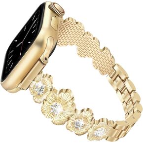 V-MORO Compatible with Apple Watch Band 42mm(S10) 41mm 40mm 38mm Women Slim Fancy Vintage Flower Bracelet Dressy Metal Bling Jewerly Strap Replacement for iWatch 10/9/8/7/6/5/43/2/1/SE(Rose Gold)