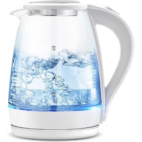 Pukomc Electric Kettle - 1.7L Hot Water Boiler - Glass Tea kettle with Wide Opening and Led Indicator, Auto Shut-Off and Boil-Dry Protection - Series 9460,White