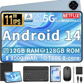 Android 14 Tablet, 11 inch Tablet with Keyboard, 12GB+128GB, 1TB Expand, Octa-Core, 2.4G/5G WiFi, 8000mAh, BT V5.0, GMS Certified, IPS Touch Screen, GPS, 2 in 1 Tablet with Case, Mouse, Stylus(Green)