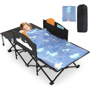 Slendor Kids Cot, Toddler Portable Bed w/Cartoon Handrail, Blanket (5ft x 4ft), Folding Toddler Cots for Sleeping, Kids Travel Bed, Extra Long Cot Length 56", Support 330 Lbs, Black