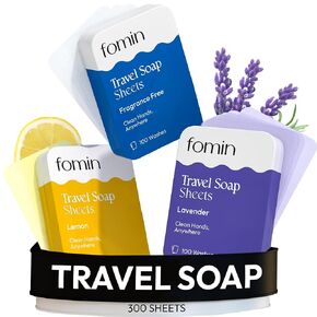 FOMIN - Antibacterial Paper Soap Sheets Tin for Traveling - (300 Sheets) Fragrance Free, Lemon, Lavender Portable Travel Hand Soap Sheets, Dissolvable Mini Camping Hand Soap for Hand Washing