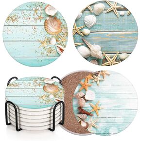 Britimes Coaster for Drinks Set of 6, Beach Seashells Wooden Nautical Wood Sand Table Coastal Absorbent Round Ceramic Stone Mat, with Cork Base and Metal Holder, Gift for Housewarming Room Bar Decor