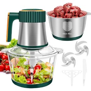 Food Processor, 5 Speed Meat Grinder Electric Food Chopper with 2 Bowls (8 Cup+8 Cup), 4 Bi-Level Blades Mini Kitchen Cutter for Vegetable, Onion, Garlic, Meat, Nuts, and Baby Food (300W Blue-2L)