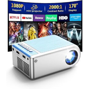 Mini Projector for iPhone, DZA Outdoor Movie Projector Supports 1080P with Synchronize Smartphone Screen, Portable Projector for Home Theater Compatible with iOS/Android/PC/TV Stick, and HDMI/USB