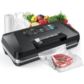 95kpa Vacuum Sealer Machine,Commercial Full Automatic Food Sealer,Powerful Sealing System with Double Heat Seal,Built-in Cutter&Bags Storage,1 Bag Rolls and 10 pcs Pre-cut Bags