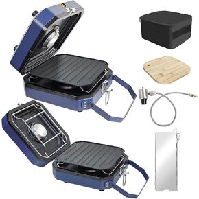 2 Burner Camping Foldable Propane Stove with Grill Carry Bag, 16000BTU Adjustable Burners Portable Camp Stove for Camping,Cooking,Tailgating,BBQ, Backpacking Gas Stove with Windscreen