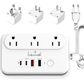 220V to 110V Voltage Converter Universal Travel Adapter with 35W PD 2 USB A Port 2 USB C, US to Europe International Power Converter Combo Plug for Worldwide European US EU AU UK SILVER WHITE