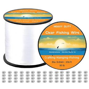 Aboda Heavy Duty Fishing Line 1mm 100lb Test 328 Ft Value Pack with Crimp Sleeves, Clear Monofilament Fishing Line - Strong Invisible Fishing Wire for Crafts, Hanging Decorations, and Pictures
