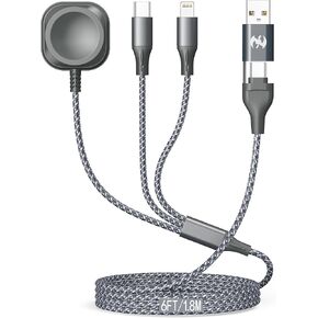 كبل متعدد الشحن لشاحن ساعة Apple Watch 6ft نايلون مضفر USB Lightning Type C USB C Cord Iwatch Magnetic Wireless Charger 6 في سلك شحن واحد لهاتف Apple iPhone Android و IWatch