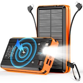Solar Power Bank Portable Charger 52800mAh 5V/3A Fast Charging Battery Pack with Built in 4 Cables 2 Outputs & LED Flashlight for All Mobile Devices Camping Traver Outdoor