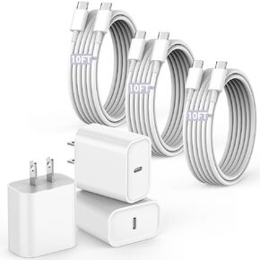 سلك شحن سريع بسرعة 10 أقدام لجهاز iPhone 16 15،3pack إضافي طويل 10 قدم USB C إلى النوع C Cable Cable 20W USB C Charger Block Charge Super for iPhone 16 15 Pro/Plus/Pro Max ، iPad Pro/Air/Mini