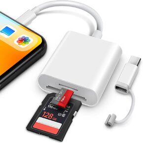 SD Card Reader for iPhone iPad, Lightening& USB-C Dual Connector Memory SD Card Adapter, Support SD/MicroSD Cards, High-Speed Digital Trail Game Camera to iPhone Viewer, Plug and Play - White