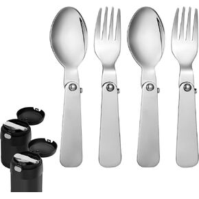 BOXOB 2pcs Folding Spoon & 2pcs Foldable Forks for Thermos Funtainer 10oz Food Jars, Portable Replacement Stainless Steel Spoons Forks for Travel Camping Picnic Outdoor Activities