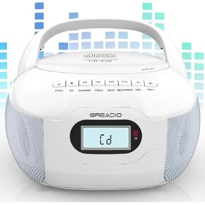 Greadio CD Boombox Player with AUX Input, Portable Boombox CD Player with Good Sound, CD/CD-R/CD-RW Compatible, Programmable, Battery/Type-C Operated, Digital Portable CD Boombox for Kids,Seniors,Home