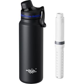 Membrane Solutions C3 Filtered Water Bottle, 32oz Stainless Steel Water Bottle with Replaceable Filter Cartridge, Portable Water Filter, Travel, Hiking & Camping for Clean Drinking Water(Black)