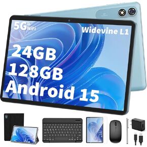 Android Tablet with Keyboard,10 inch Android 14 tablet, 24GB RAM 128GB ROM, 1TB Expand, Octa-Core, Widevine L1, 2.4G/5G WiFi, 8000mAh, Bluetooth, GMS, 2 in 1 Tablet with Case, Mouse, Stylus（Pink)