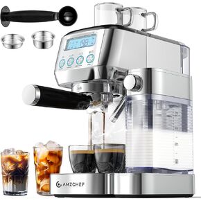 AMZCHEF Espresso Machine with LCD Display, 20 Bar Cappuccino Machines with Automatic Milk Frother for Home Gifts, Latte Coffee Maker with Dual Wall & Filters, Stainless Steel Sliver