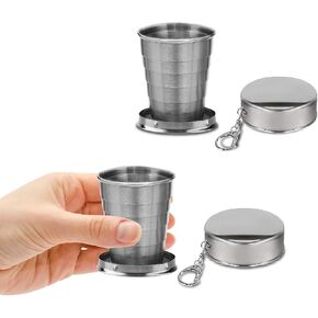 2 Pcs Stainless Steel Collapsible Cup, Foldable Cup with Lid and Keychain, Collapsible Cups for Traveling, Camping, Hiking, Biking and Daily Use (Small)