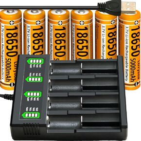 6pcs 18650 بطارية قابلة لإعادة الشحن w￵i￵th 18650 شاحن البطارية ، شاحن Universal Smart 18650 لبطاريات أيون ليثيوم أيون 18650 بطارية قابلة لإعادة الشحن Ltrrysoa (6pcs butty top batter￵y+charger)