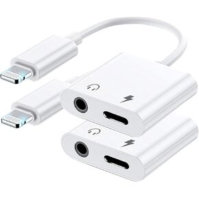 2 Pack Headphone Adapter for iPhone [MFi Certified] 2 in 1 Lightning to 3.5mm AUX Audio + Charger Dongle Splitter Support for iPhone 14/13/12/11/XS/XR/X 8/iPad, Support All iOS System