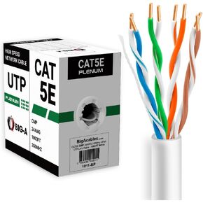 Big-A - Plenum Cat5e Ethernet Cable 1000ft LAN Bulk Cat5e Cable (CMP) Gigabit Solid Network Wire, 350MHz Cat5e Ethernet Cord, Unshielded Twisted Pair (UTP) - Black
