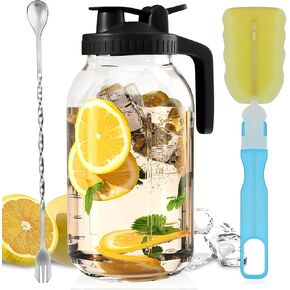 Glass Mason Jar Pitcher - 64oz with Pour Spout Lid, Airtight Seal - Ideal for Cold Brew Coffee, Juice, Lemonade, and More - Premium Glass Jug for Beverages and Sun Tea