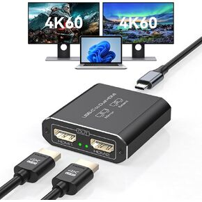 شاشة HDMI SPLITTER EXTREDED DISHTER DUAL MONUTION USB A&C إلى 2 ADAPTER 1 HDMI 1 في 2 OUT لأوضاع MAC Triple Set Triple Set Modes MST & SST ؛ 4K@30Hz Out 1 ، 1080p Out 2