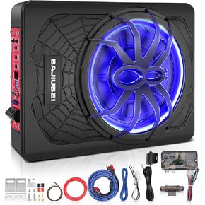 10" 1200W Slim Under Seat Powered Car Subwoofer Hideaway Subwoofer with Complete Mounting Wire Kit, Car Truck Audio Subwoofer Built in Amplifier Sub Amp Combo, with Blue LED Ambient Light