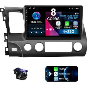 Car Stereo for Honda Civic 2006-2011 4+32G 8 Core Android 12 with Wireless CarPlay Android Auto, 10.1 inch IPS Touchscreen Bluetooth Car Radio Player with Backup Camera, AM/FM/RDS, AUX, Hi-Fi, SWC