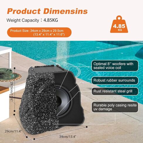STUDIOFINIX 8" Rock Speakers Outdoor Waterproof - 5.3 Bluetooth Wireless Speaker Solar Powered Max Peak 240W for Garden,Patio,Deck,Pool,Backyard (Gray 1 Pair) in Kuwait
