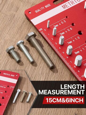 فاحص الخيوط، 42 صامولة ومسمار، 15 متري و19 قياسي و8 مثقاب، مقياس درجة الخيط، مقياس معرف خيط المسمار القابل للتركيب على الحائط مع مسطرة بوصة وسم in Kuwait