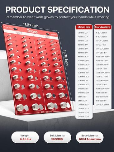 فاحص الخيوط، 42 صامولة ومسمار، 15 متري و19 قياسي و8 مثقاب، مقياس درجة الخيط، مقياس معرف خيط المسمار القابل للتركيب على الحائط مع مسطرة بوصة وسم in Kuwait