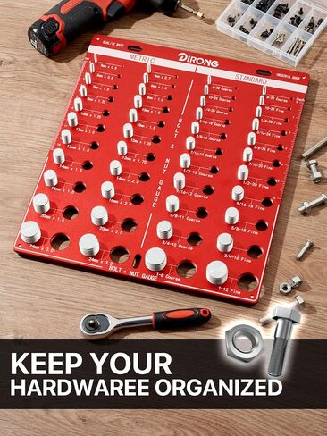 فاحص الخيوط، 42 صامولة ومسمار، 15 متري و19 قياسي و8 مثقاب، مقياس درجة الخيط، مقياس معرف خيط المسمار القابل للتركيب على الحائط مع مسطرة بوصة وسم in Kuwait