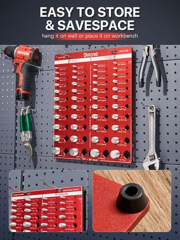 فاحص الخيوط، 42 صامولة ومسمار، 15 متري و19 قياسي و8 مثقاب، مقياس درجة الخيط، مقياس معرف خيط المسمار القابل للتركيب على الحائط مع مسطرة بوصة وسم in Kuwait