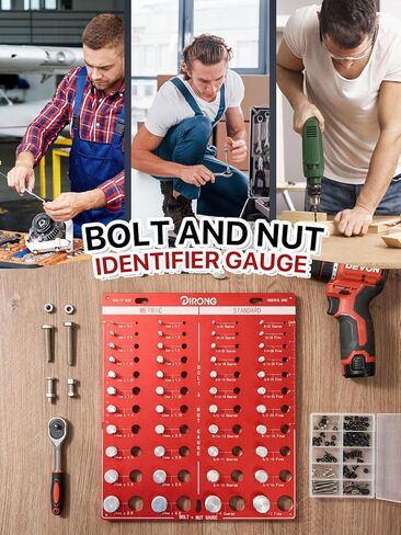 فاحص الخيوط، 42 صامولة ومسمار، 15 متري و19 قياسي و8 مثقاب، مقياس درجة الخيط، مقياس معرف خيط المسمار القابل للتركيب على الحائط مع مسطرة بوصة وسم in Kuwait